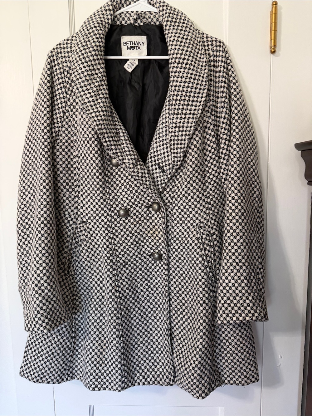 Bethany Mota Black and White Textured Double-Breasted Pea Coat